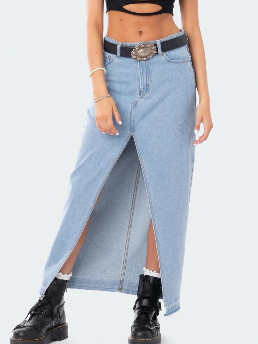 Light Wash Denim Maxi Skirt with Front Slit